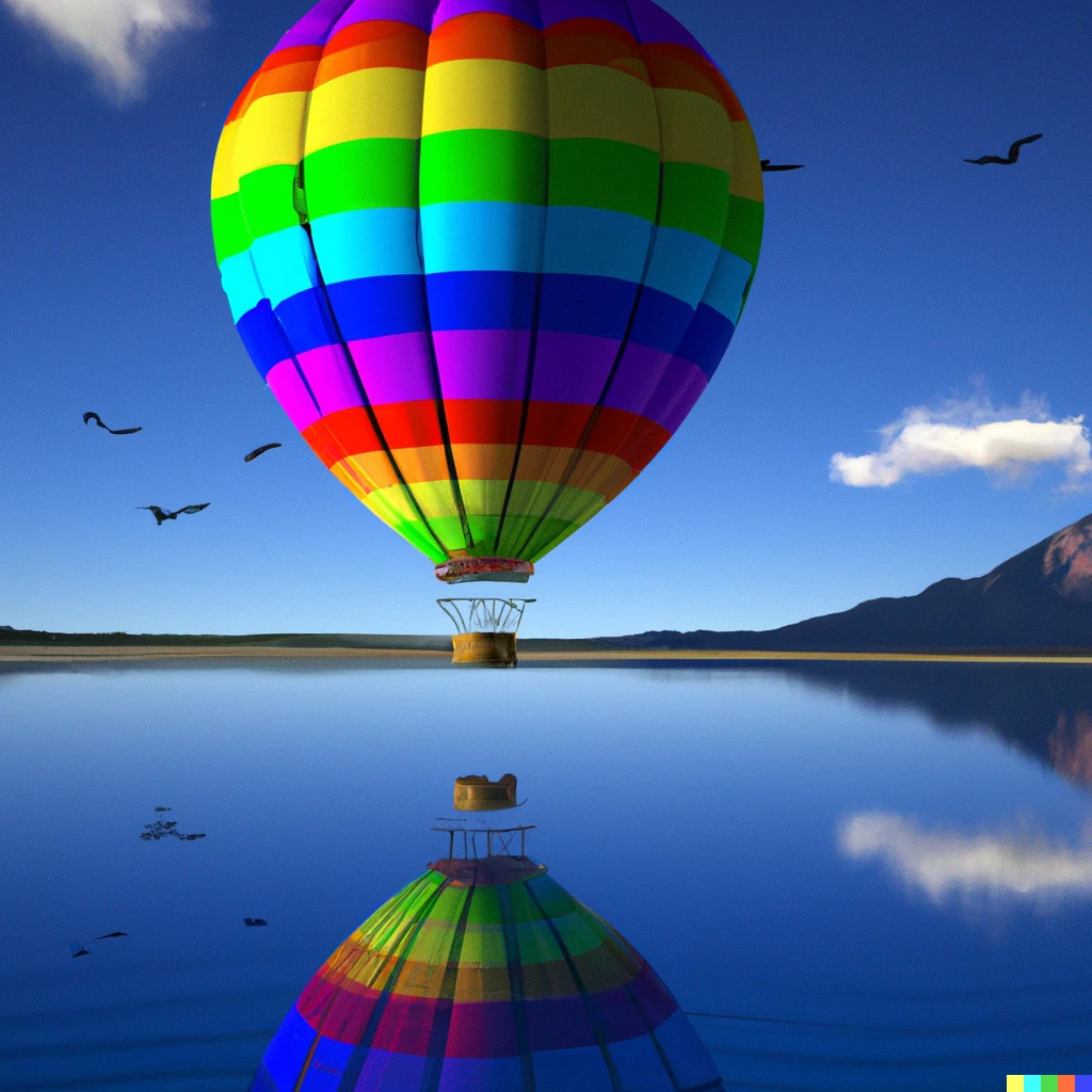 A 3D render of a rainbow colored hot air balloon flying above a reflective lake